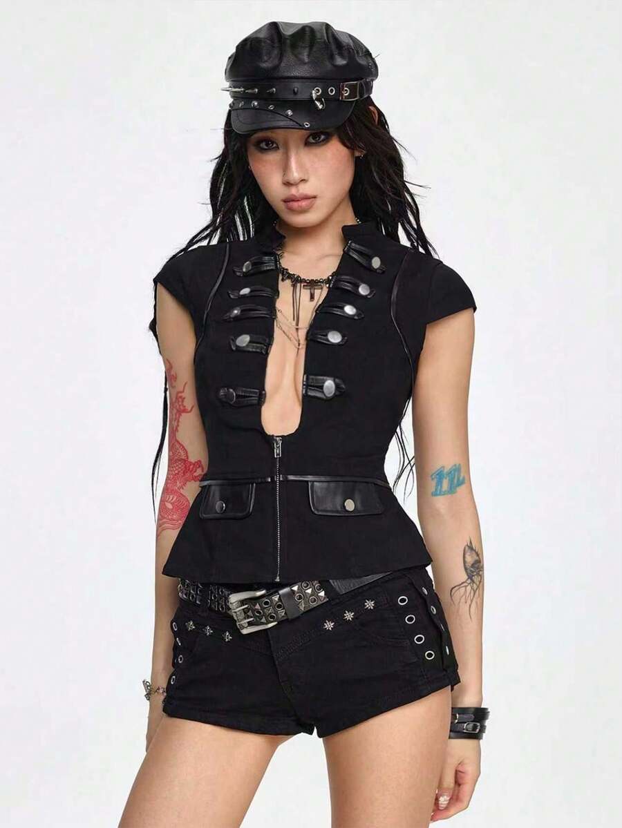 Women's black deep V-neck top featuring cap sleeves, cut-out lace-up details, zipper closure, and regular fit woven fabric.