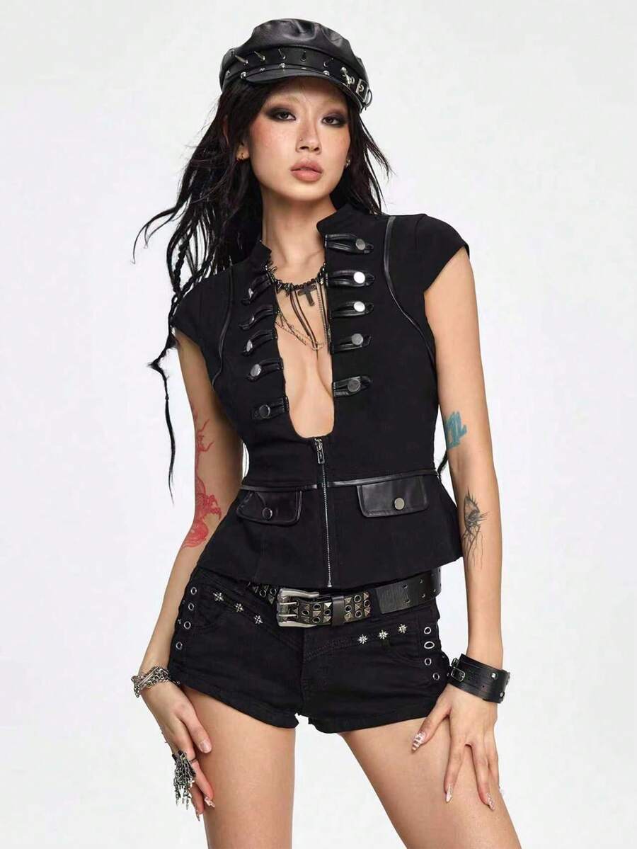 Women's black deep V-neck top featuring cap sleeves, cut-out lace-up details, zipper closure, and regular fit woven fabric.