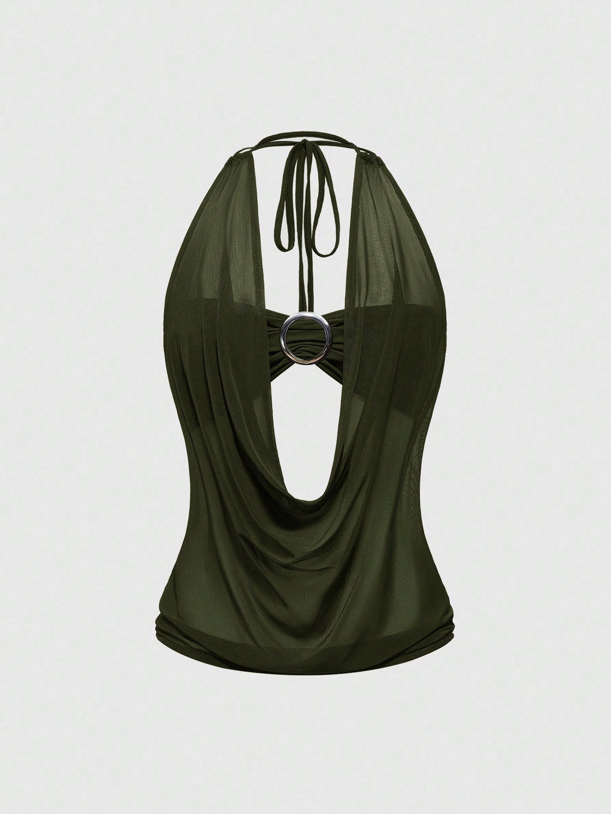 Women's cowl neck halter crop tank top featuring a draped backless design and matching bandeau inner layer.