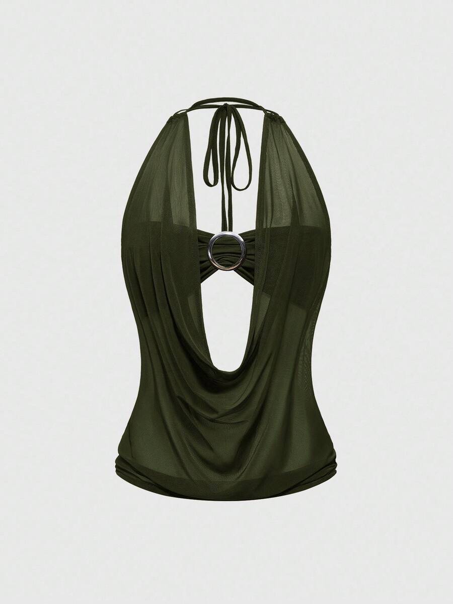 Women's cowl neck halter crop tank top featuring a draped backless design and matching bandeau inner layer.