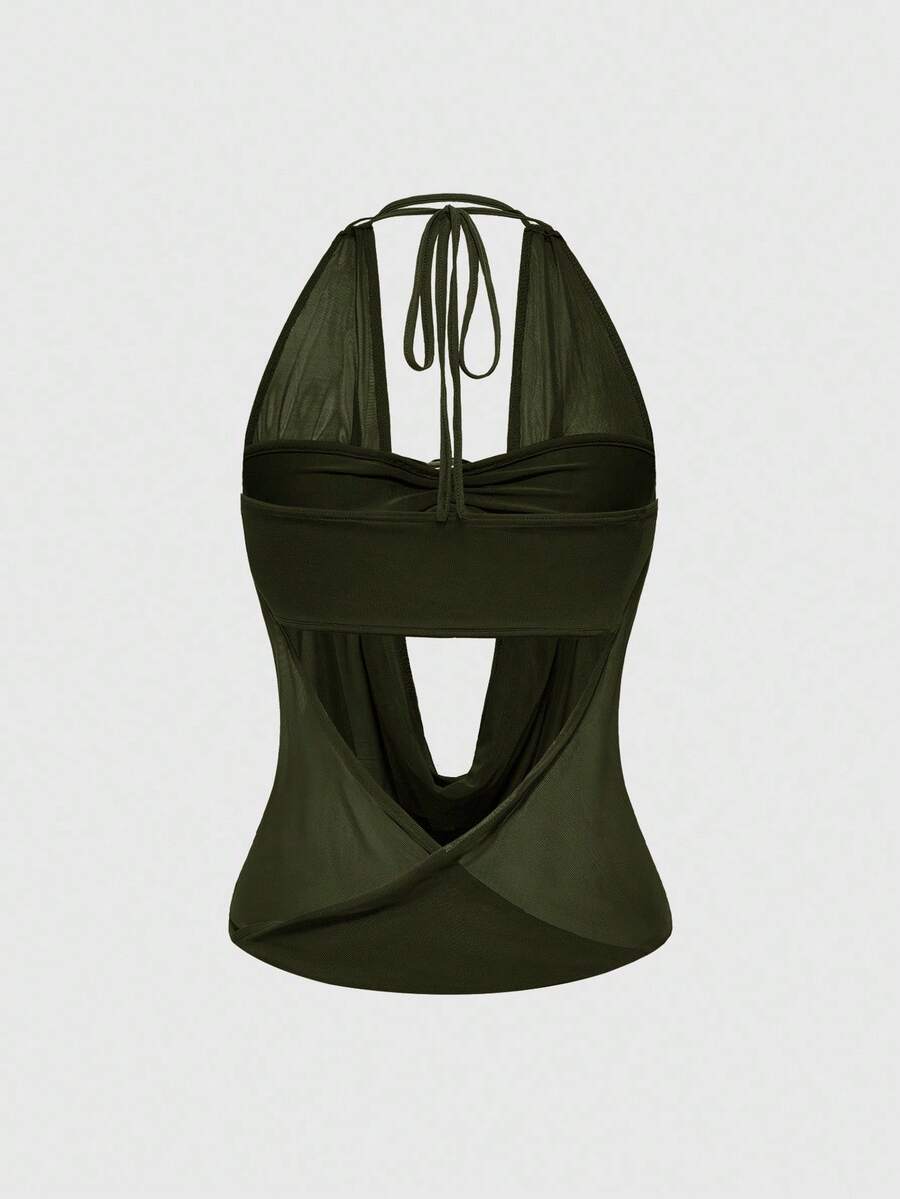 Women's cowl neck halter crop tank top featuring a draped backless design and matching bandeau inner layer.