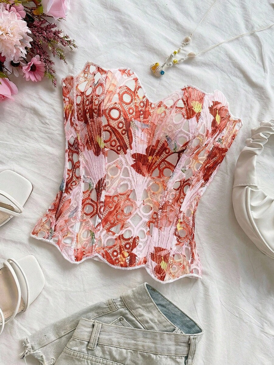 Strapless floral lace corset top with lace-up detail, asymmetrical hem, and slim fit for women.