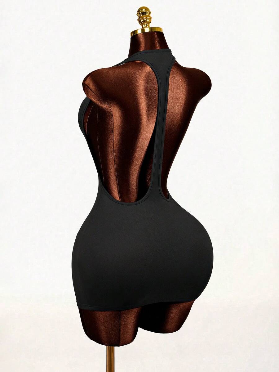 Sleeveless black backless bodycon mini dress with a scoop neck and slim fit knit fabric for women