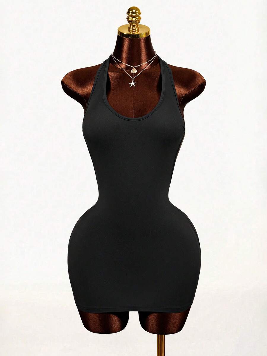 Sleeveless black backless bodycon mini dress with a scoop neck and slim fit knit fabric for women