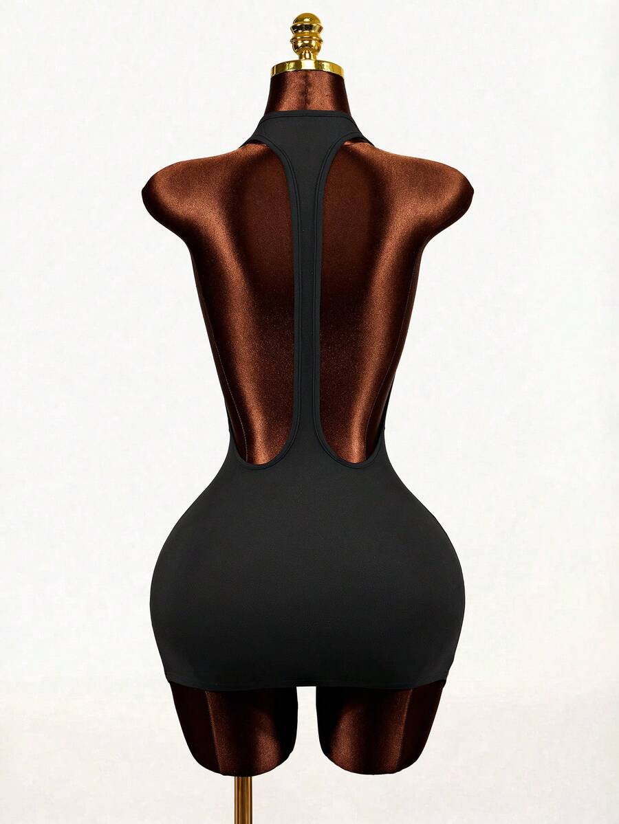 Sleeveless black backless bodycon mini dress with a scoop neck and slim fit knit fabric for women