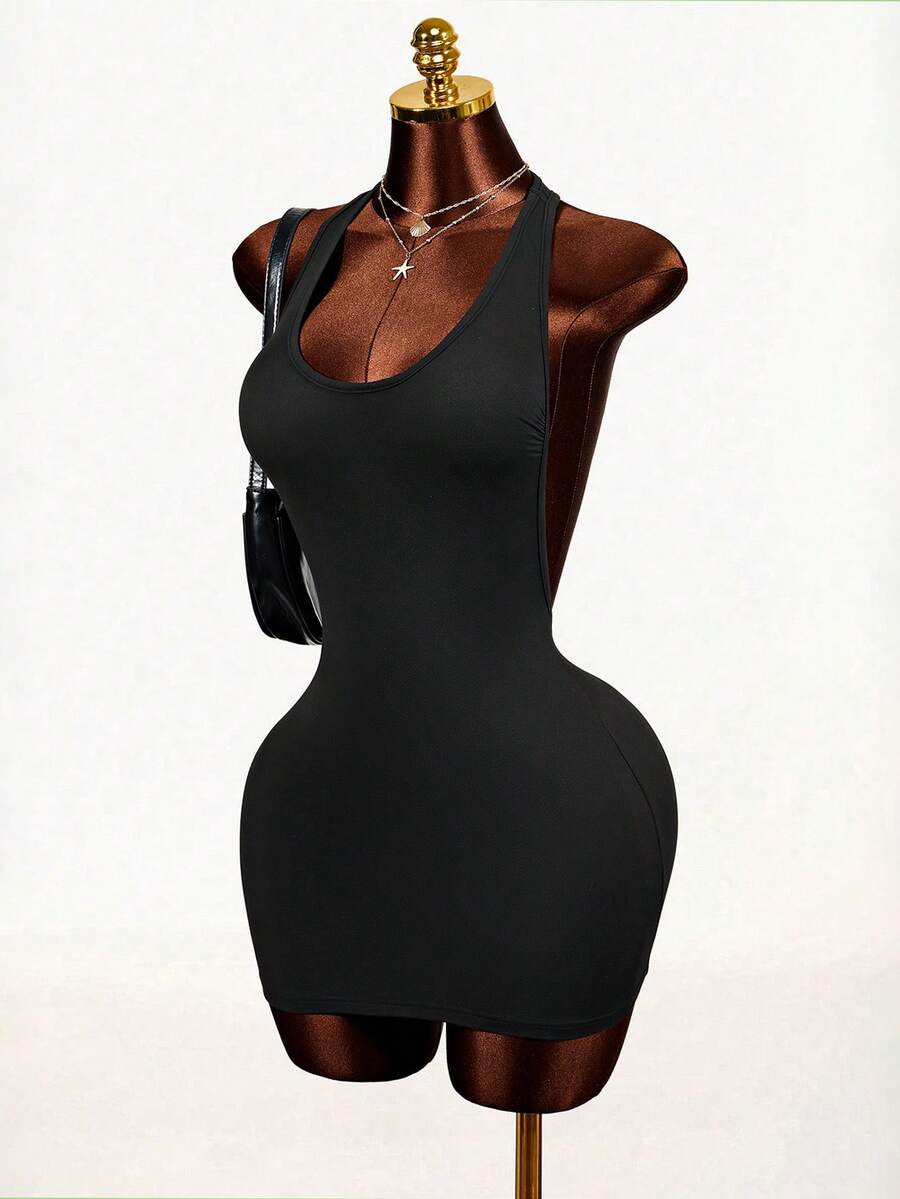 Sleeveless black backless bodycon mini dress with a scoop neck and slim fit knit fabric for women
