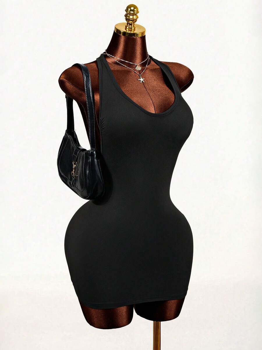 Sleeveless black backless bodycon mini dress with a scoop neck and slim fit knit fabric for women