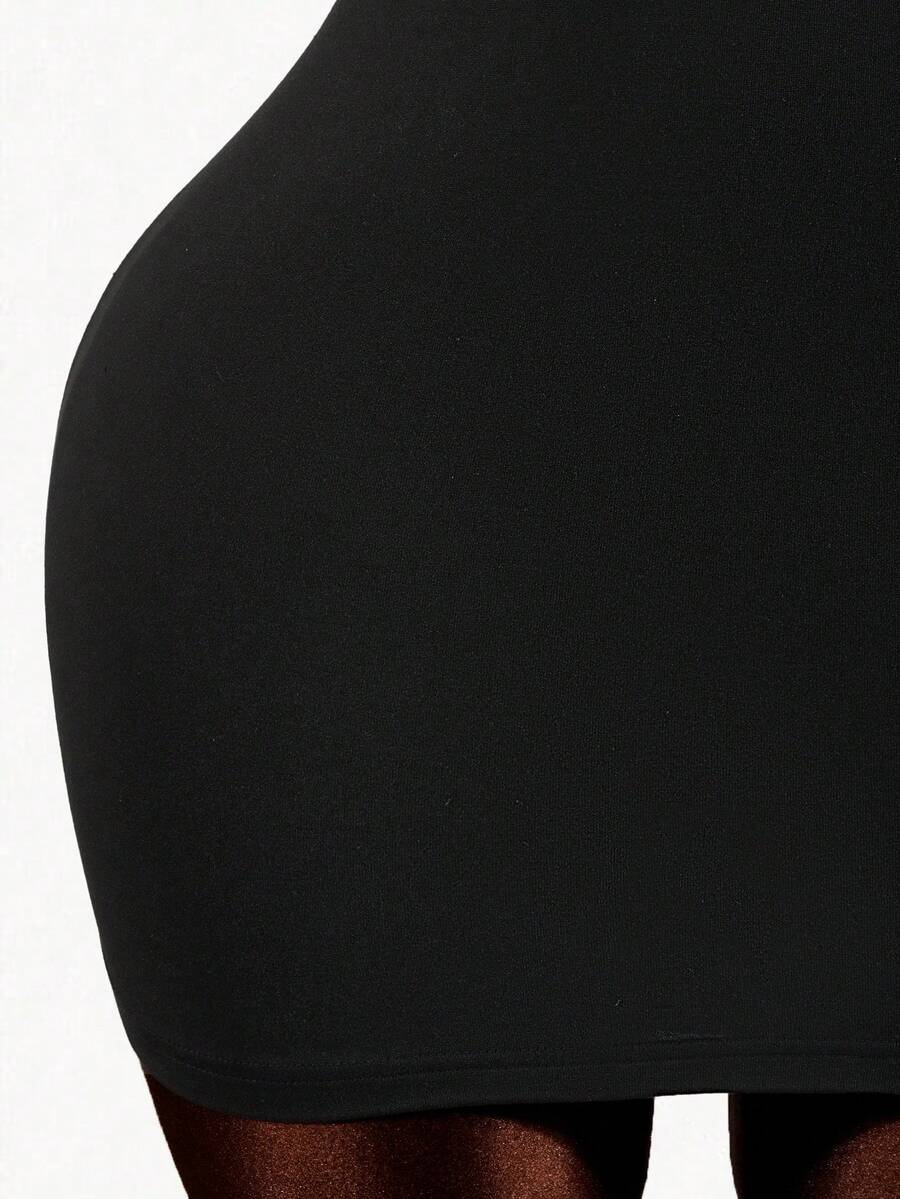 Sleeveless black backless bodycon mini dress with a scoop neck and slim fit knit fabric for women