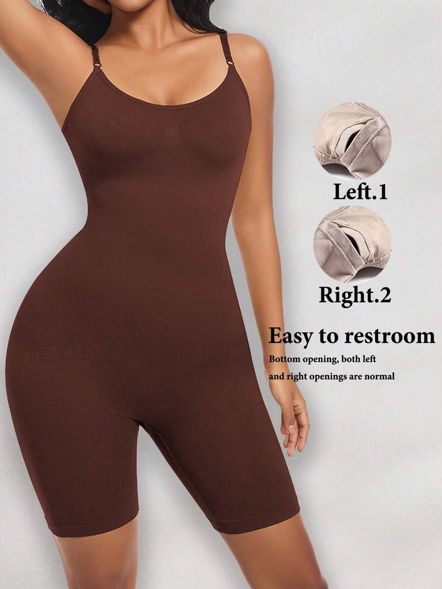 Women's black seamless shapewear jumpsuit with spaghetti straps, backless design, and strong tummy control full body shaping.