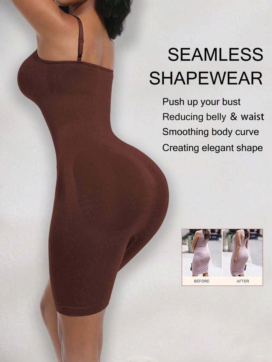 Women's black seamless shapewear jumpsuit with spaghetti straps, backless design, and strong tummy control full body shaping.