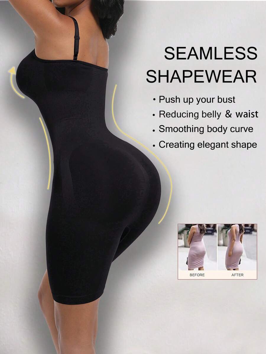 Women's black seamless shapewear jumpsuit with spaghetti straps, backless design, and strong tummy control full body shaping.