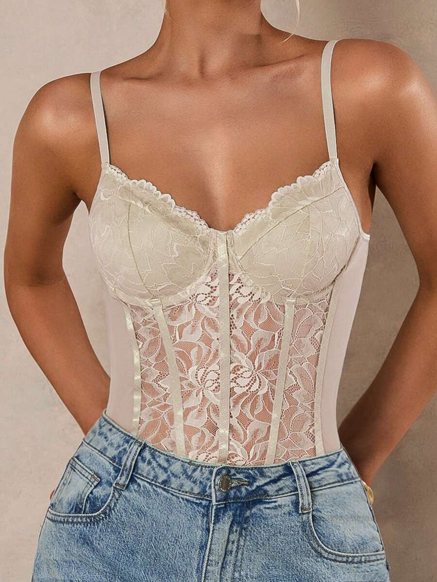 Apricot lace patchwork bodysuit for women featuring contrast corset detailing and spaghetti straps.
