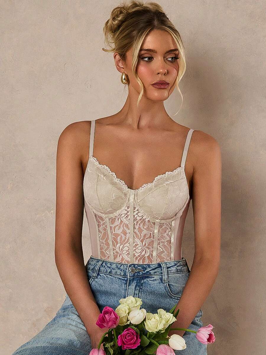 Apricot lace patchwork bodysuit for women featuring contrast corset detailing and spaghetti straps.