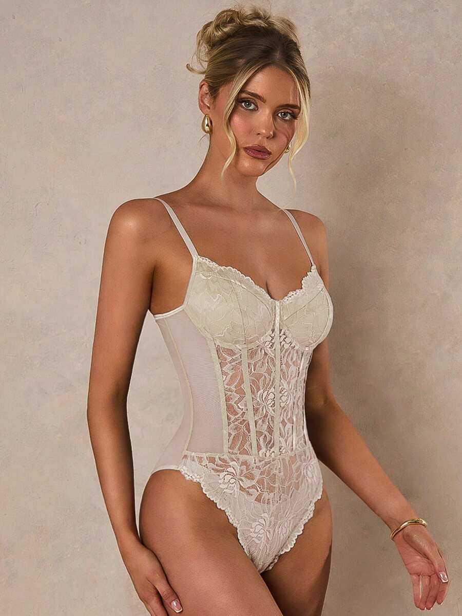 Apricot lace patchwork bodysuit for women featuring contrast corset detailing and spaghetti straps.
