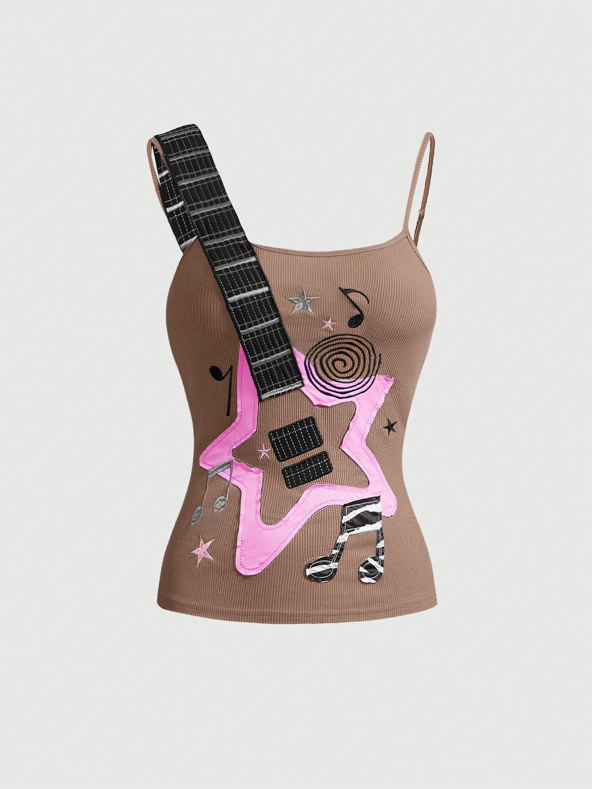Women's bass note graphic print crop camisole top featuring lace-up detailing, spaghetti straps, and a slim fit knitted design.
