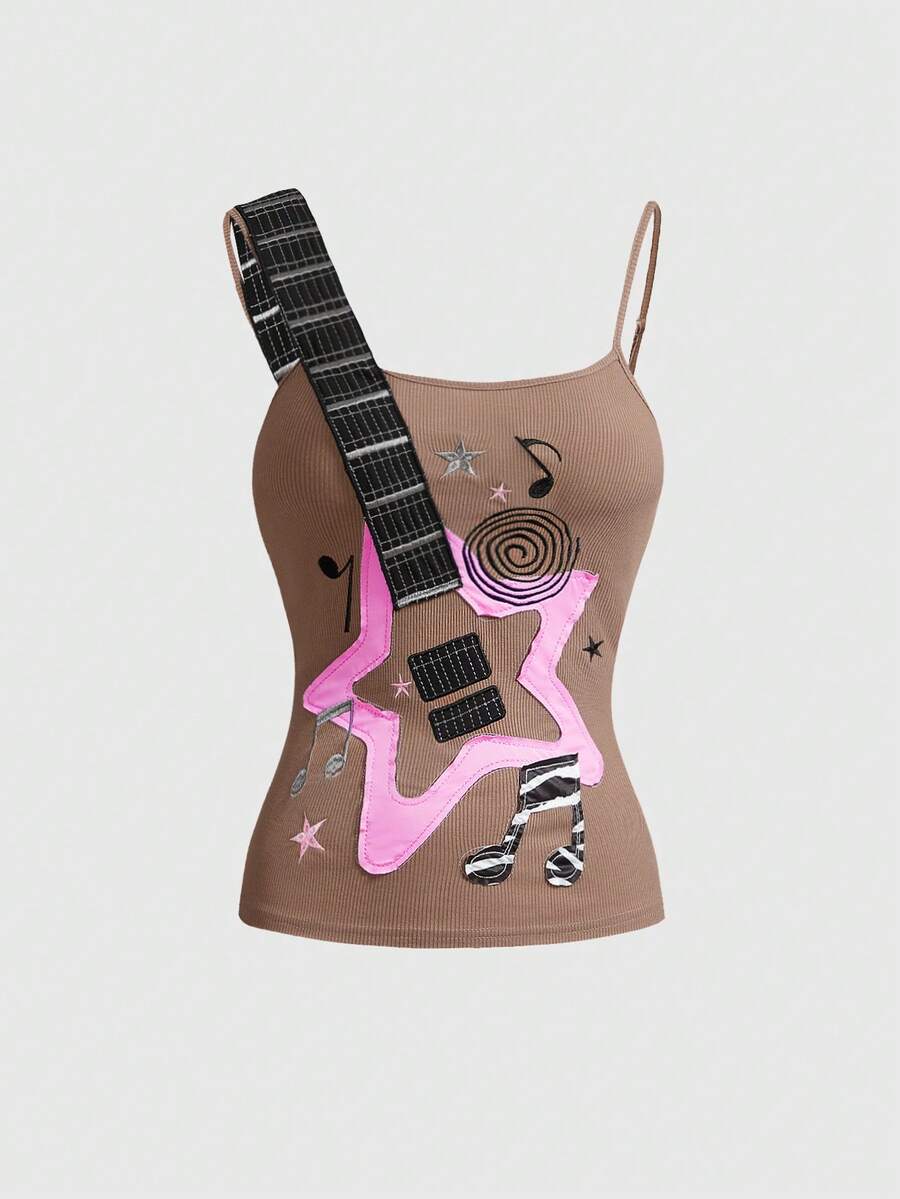 Women's bass note graphic print crop camisole top featuring lace-up detailing, spaghetti straps, and a slim fit knitted design.