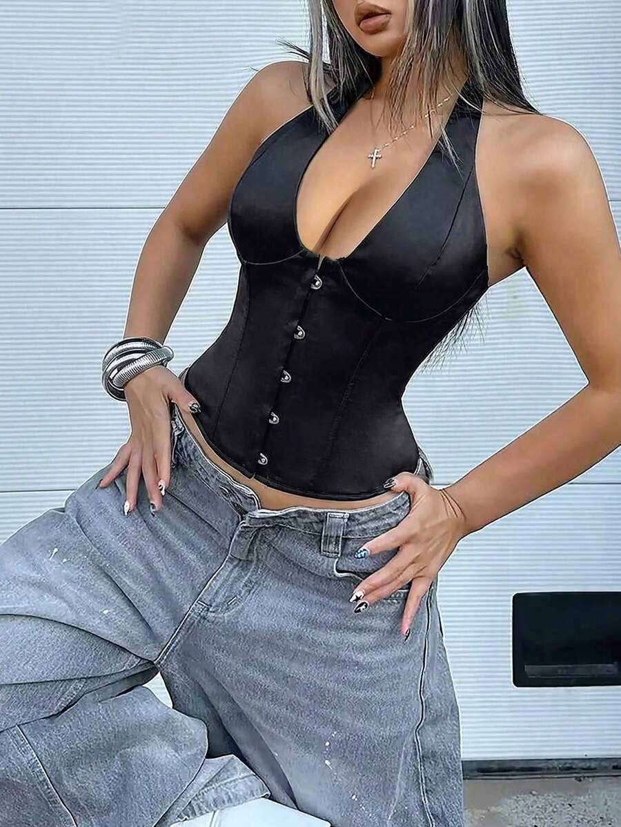 White satin corset crop top featuring a halter neck, slim fit, and back lace-up design.