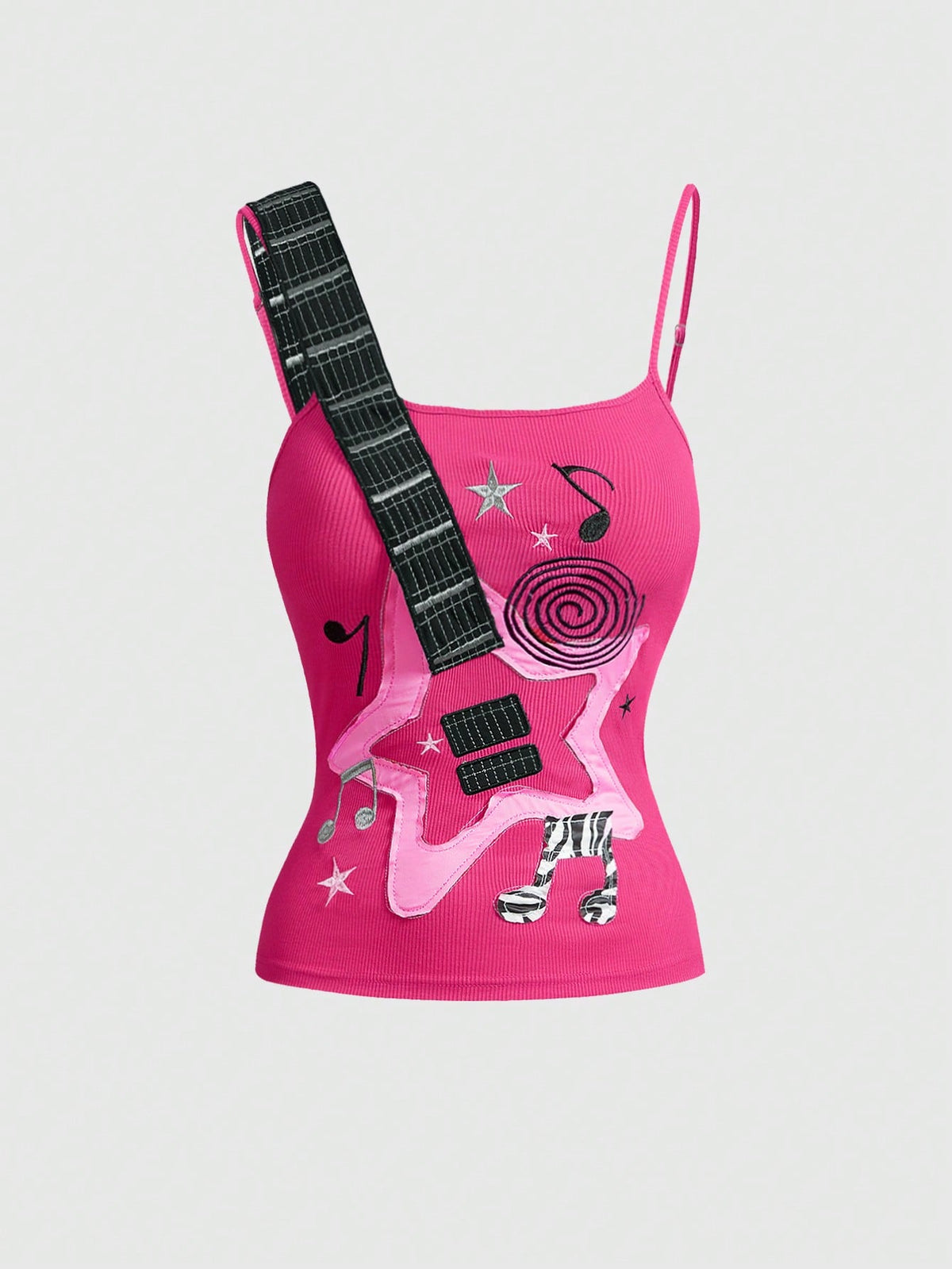 Women's bass note graphic print crop camisole top featuring lace-up detailing, spaghetti straps, and a slim fit knitted design.
