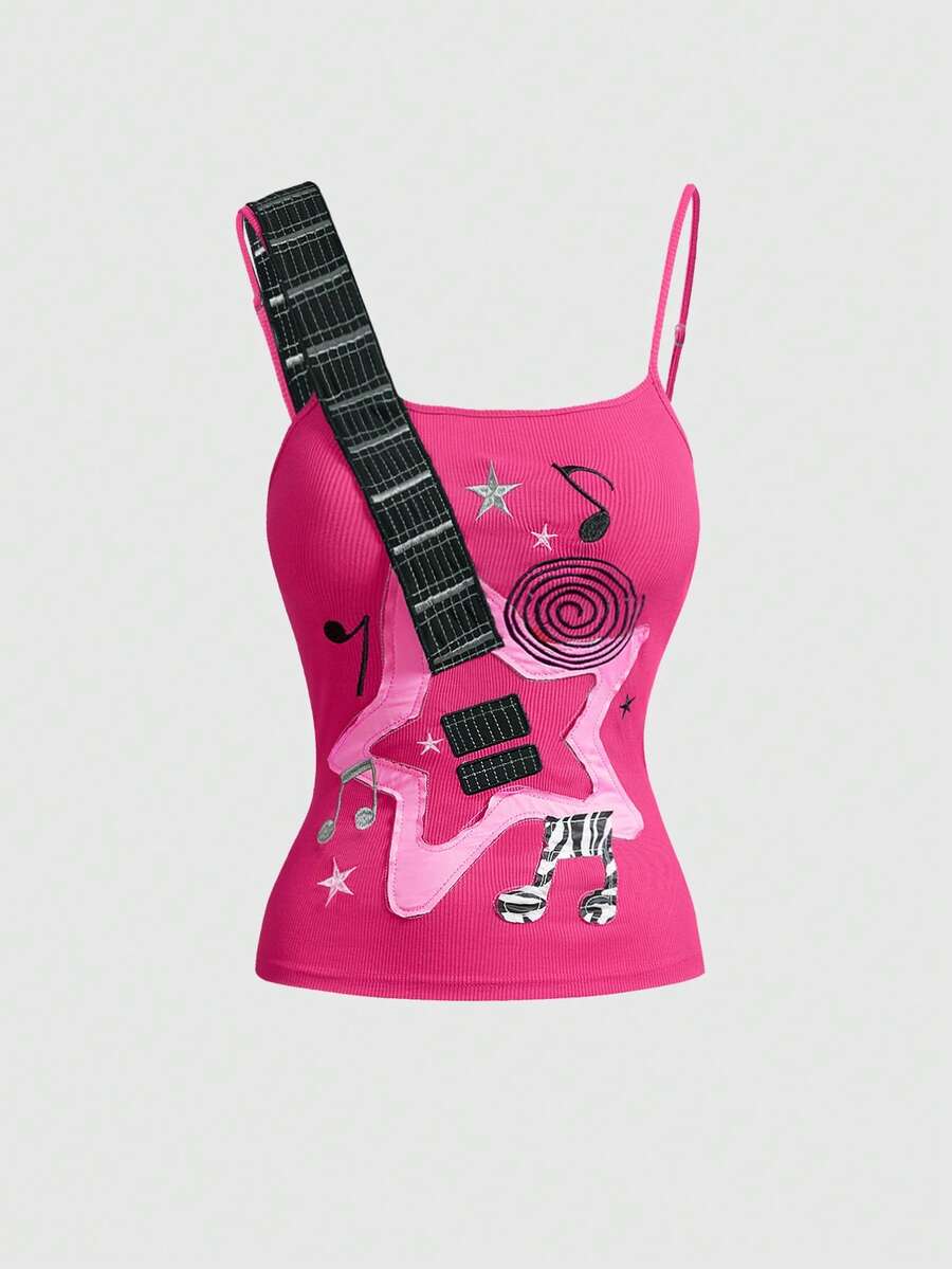 Women's bass note graphic print crop camisole top featuring lace-up detailing, spaghetti straps, and a slim fit knitted design.