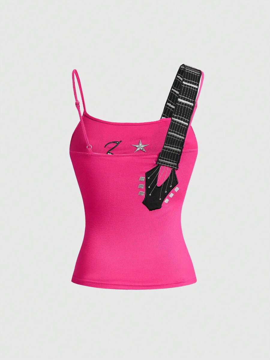 Women's bass note graphic print crop camisole top featuring lace-up detailing, spaghetti straps, and a slim fit knitted design.