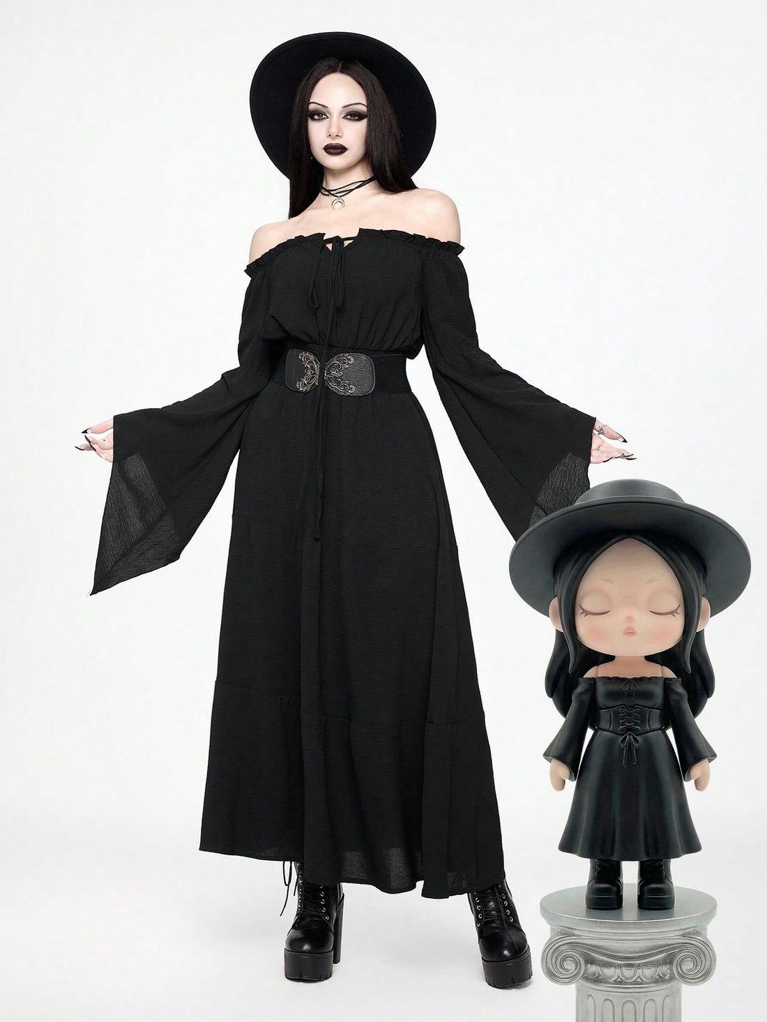 Black gothic off-shoulder midi dress featuring wrist-length flare sleeves, cinched waist design, and an A-line woven skirt.