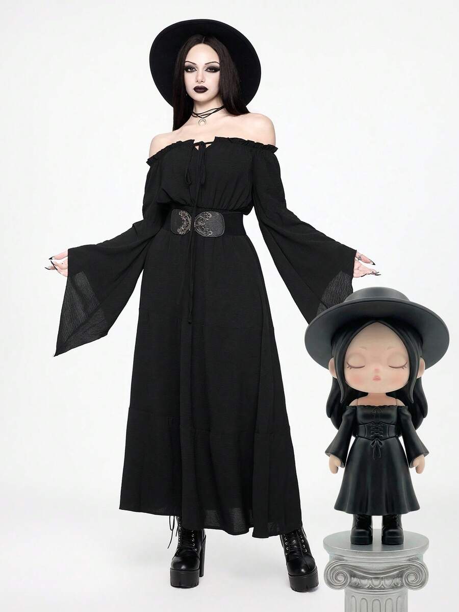 Black gothic off-shoulder midi dress featuring wrist-length flare sleeves, cinched waist design, and an A-line woven skirt.