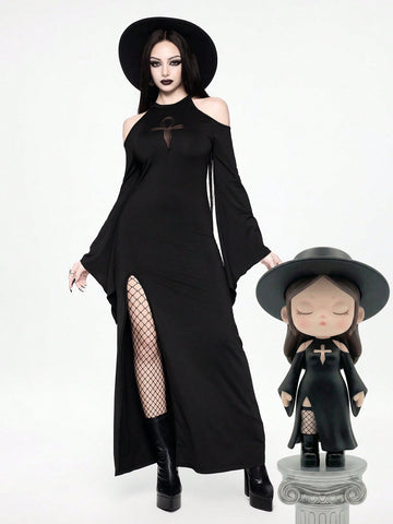 Women's black gothic long bodycon dress featuring cut out details, cold shoulder wrist-length sleeves, and a high split thigh hem.