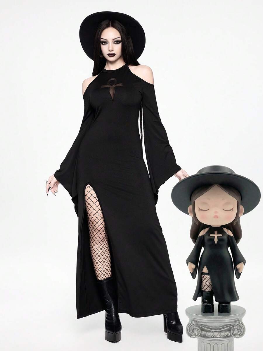 Women's black gothic long bodycon dress featuring cut out details, cold shoulder wrist-length sleeves, and a high split thigh hem.