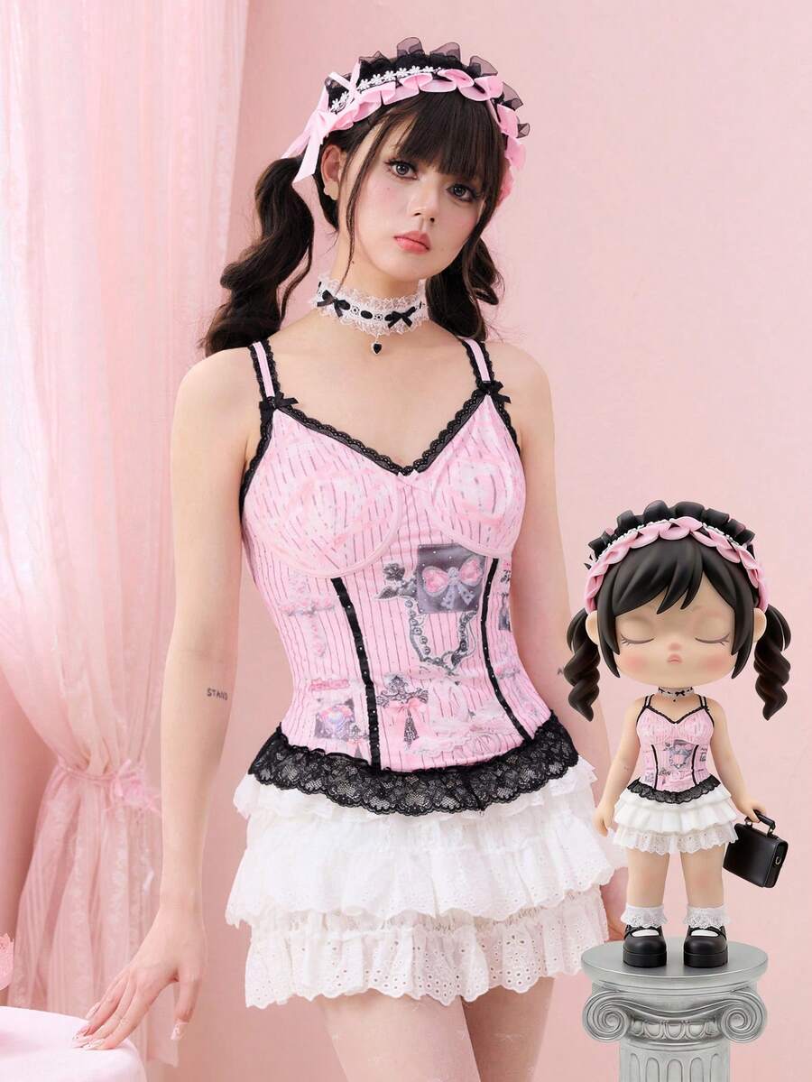 Pink slim fit camisole for women featuring contrast lace patchwork, bow detail, rhinestone accents, and spaghetti straps in mesh fabric.
