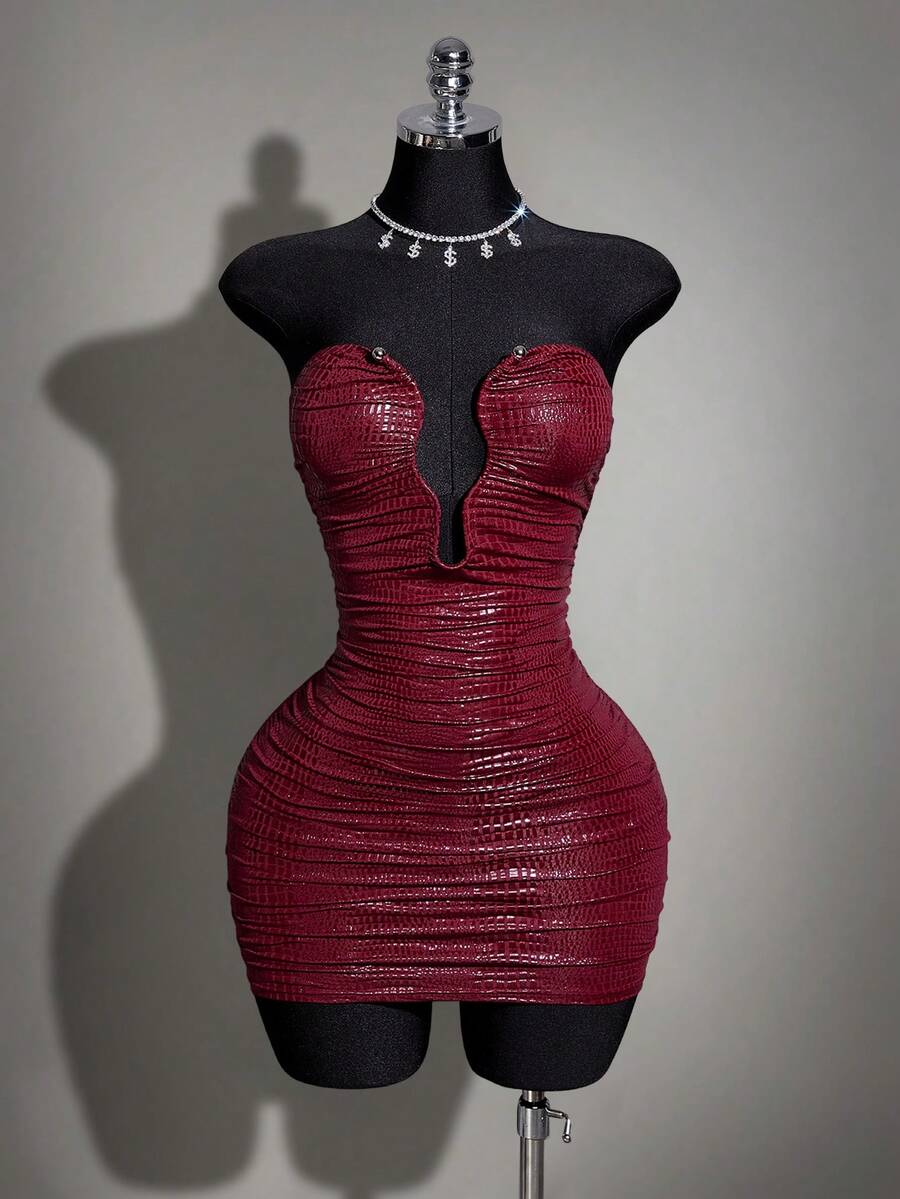 Women's apricot sequin strapless mini bodycon dress featuring cup detail and separate arm sleeves.