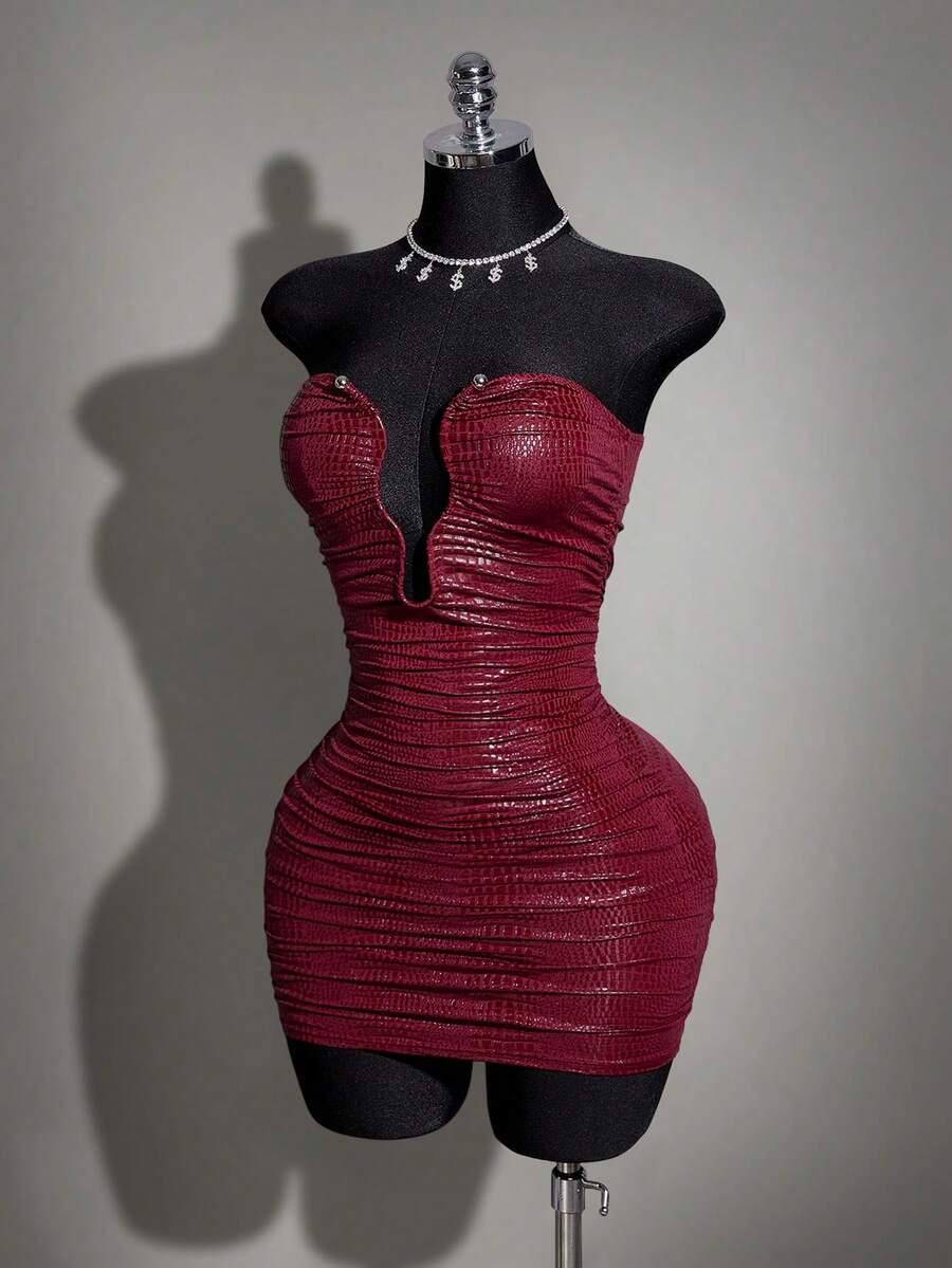 Women's apricot sequin strapless mini bodycon dress featuring cup detail and separate arm sleeves.