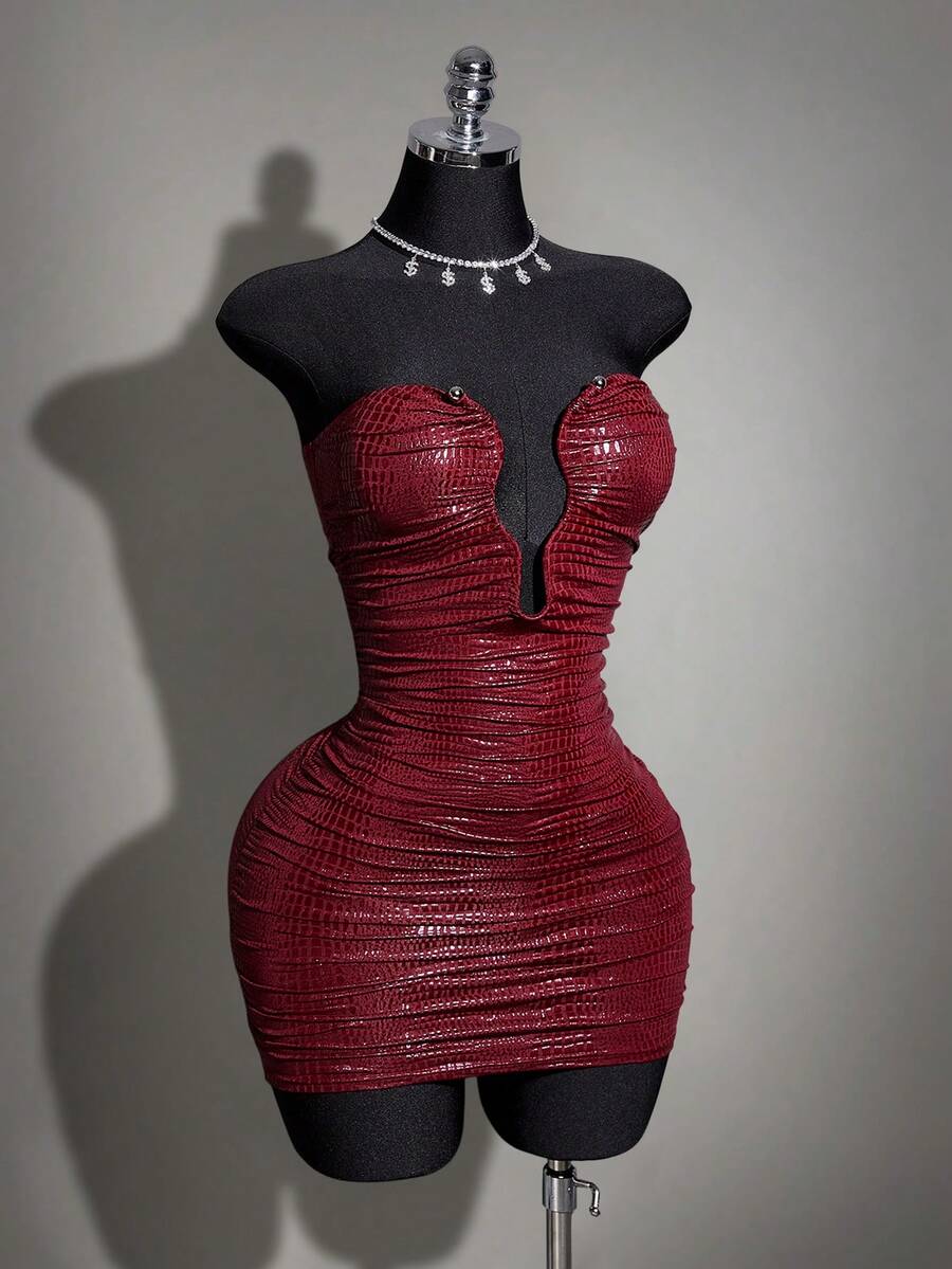 Women's apricot sequin strapless mini bodycon dress featuring cup detail and separate arm sleeves.