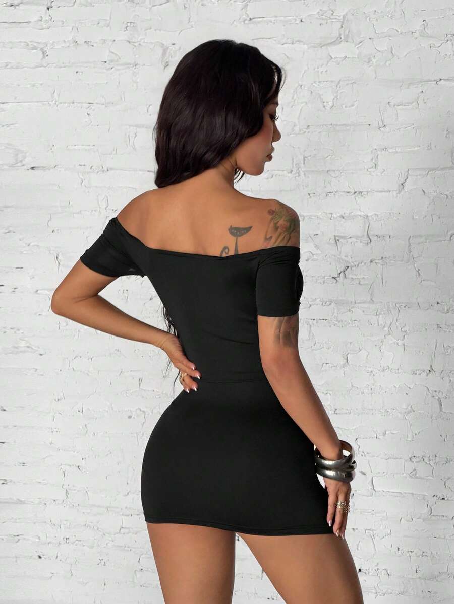Women's off-the-shoulder bodycon short mini dress featuring hollow-out cutouts, grommet eyelet accents, and short sleeves in knitted fabric.