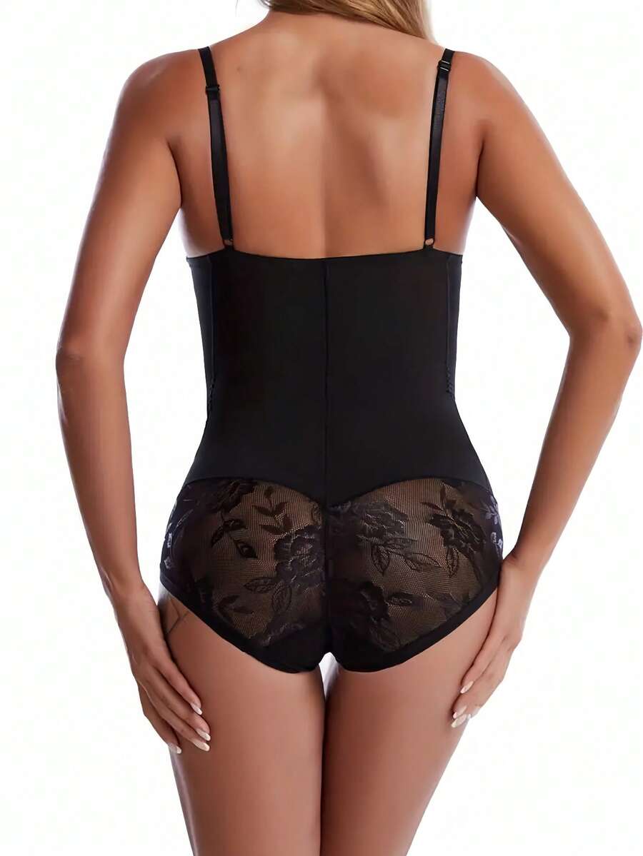 Women's lace shapewear bodysuit with tummy control, built-in bra cup pads, waist shaping, and three-row snap crotch in a bodycon fit.