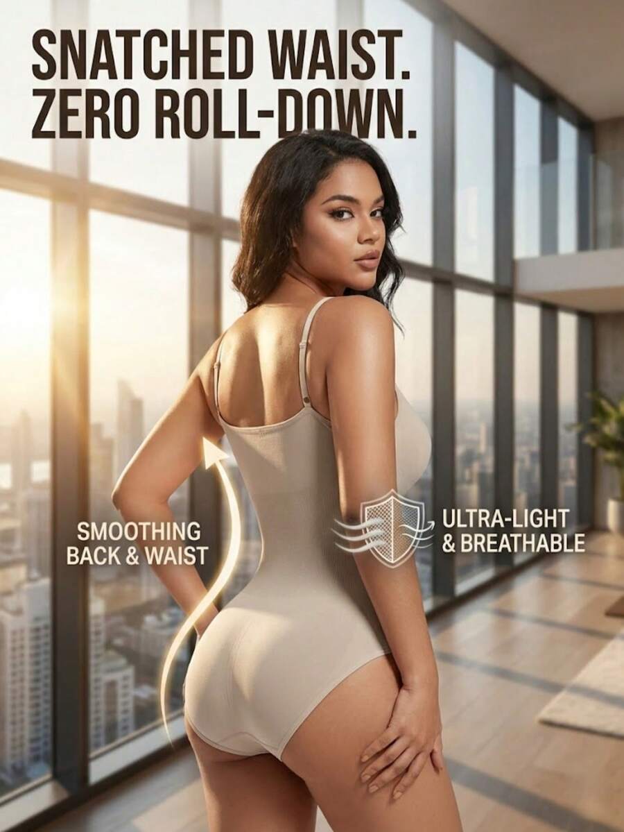 Black seamless V-neck shapewear bodysuit for women featuring backless design and tummy control