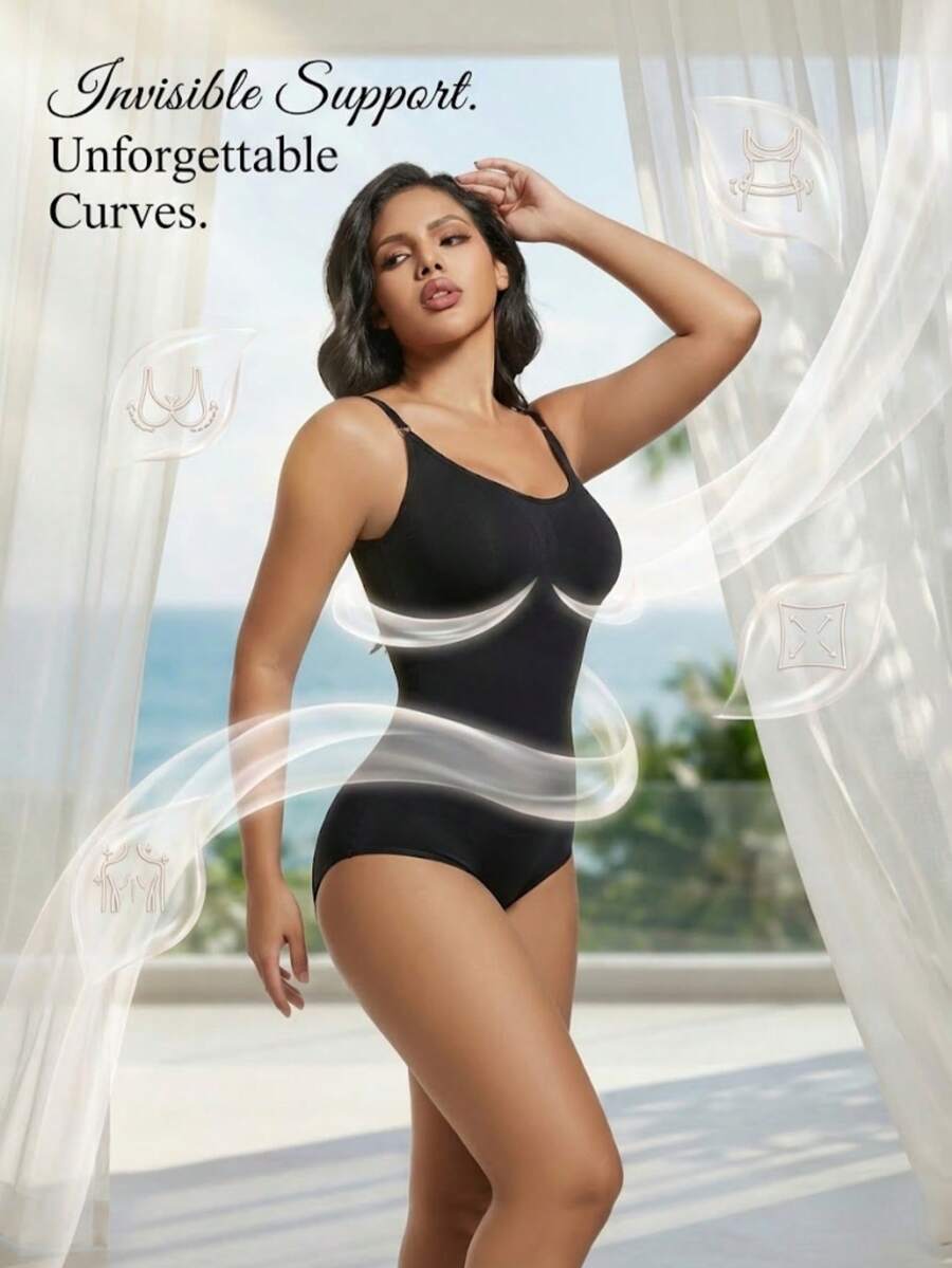 Black seamless V-neck shapewear bodysuit for women featuring backless design and tummy control