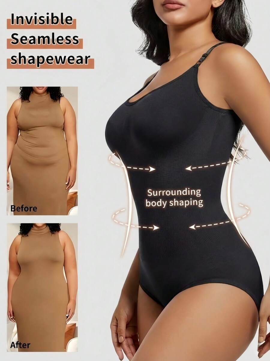 Black seamless V-neck shapewear bodysuit for women featuring backless design and tummy control