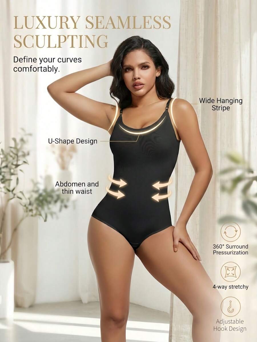 Black seamless V-neck shapewear bodysuit for women featuring backless design and tummy control
