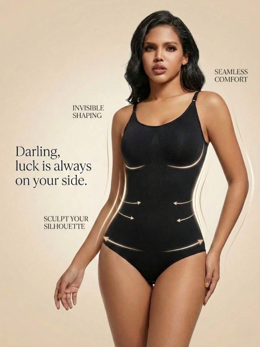 Black seamless V-neck shapewear bodysuit for women featuring backless design and tummy control