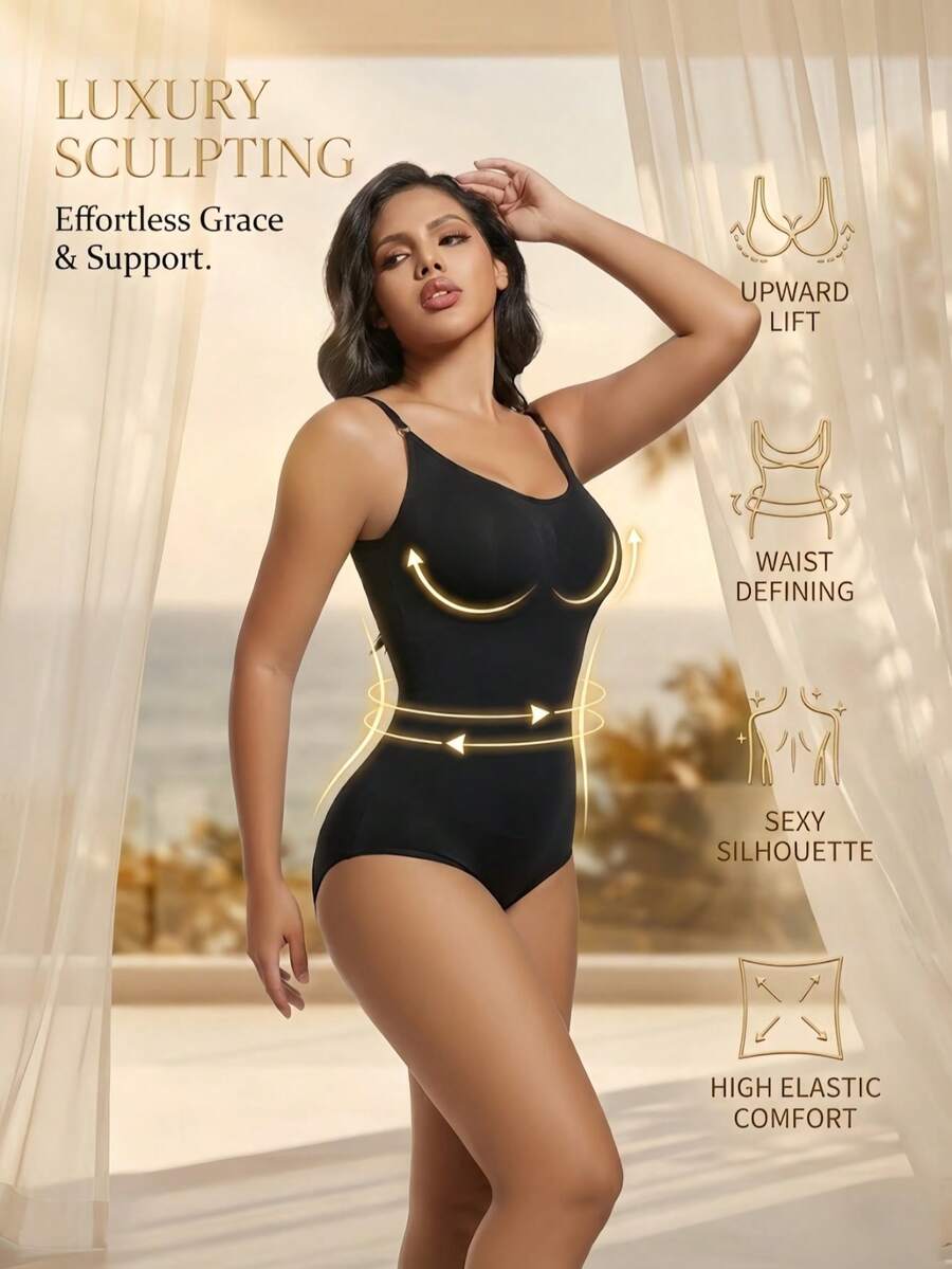 Black seamless V-neck shapewear bodysuit for women featuring backless design and tummy control