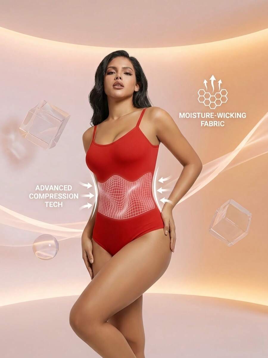 Black seamless V-neck shapewear bodysuit for women featuring backless design and tummy control