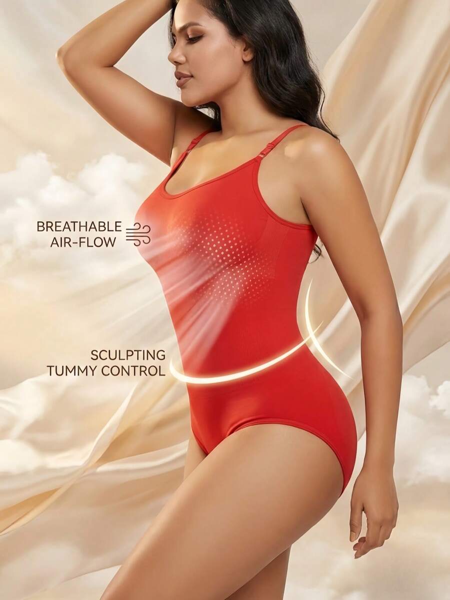 Black seamless V-neck shapewear bodysuit for women featuring backless design and tummy control