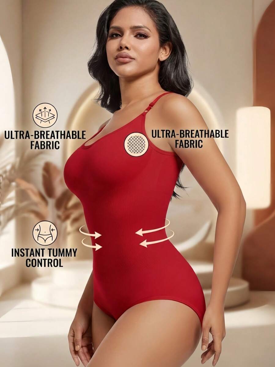 Black seamless V-neck shapewear bodysuit for women featuring backless design and tummy control