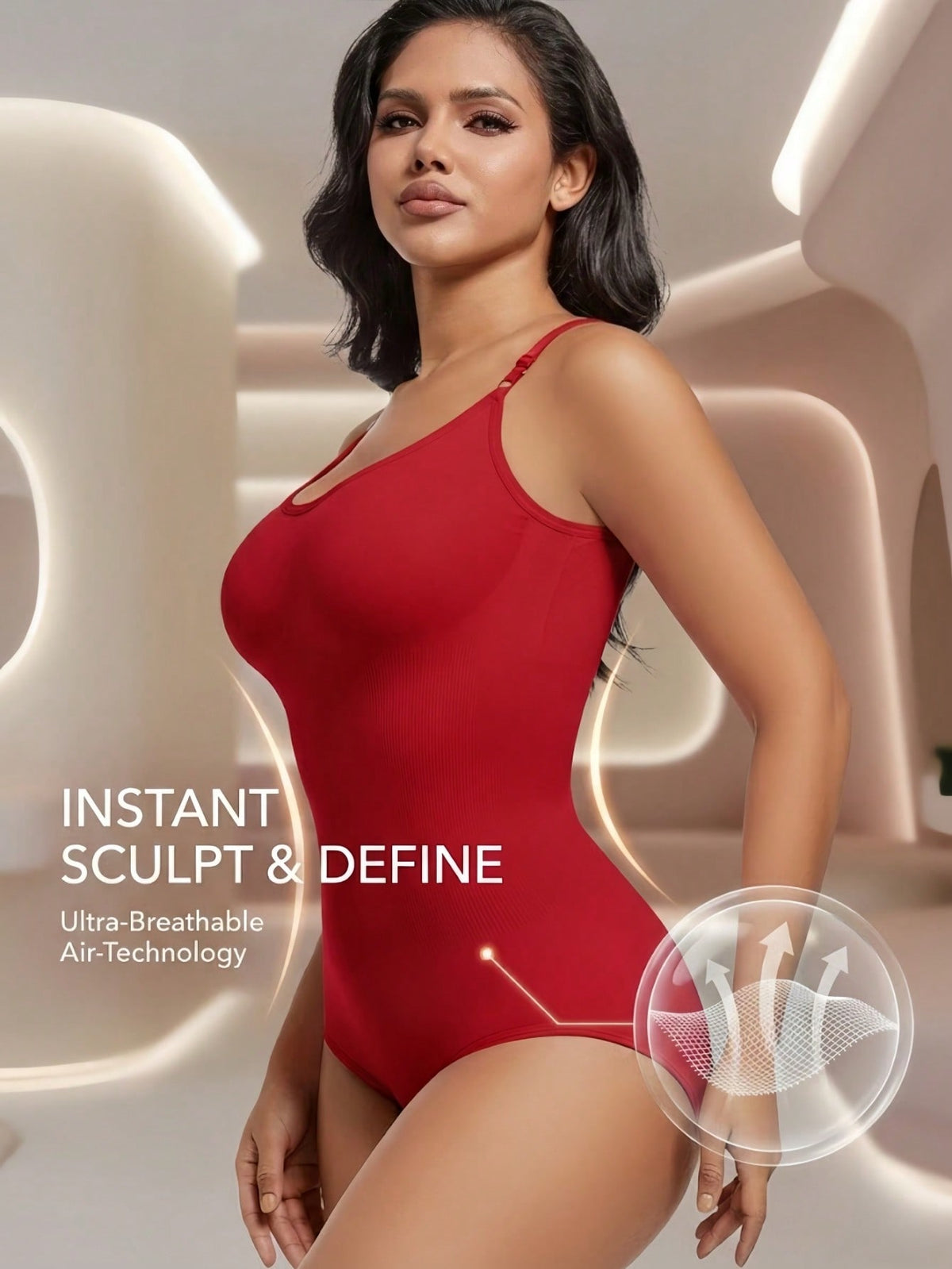 Black seamless V-neck shapewear bodysuit for women featuring backless design and tummy control