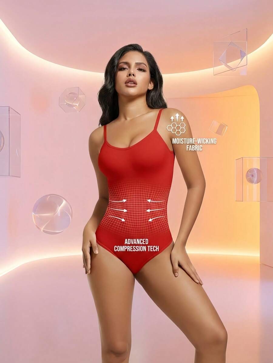 Black seamless V-neck shapewear bodysuit for women featuring backless design and tummy control