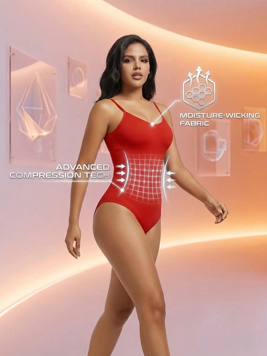 Black seamless V-neck shapewear bodysuit for women featuring backless design and tummy control