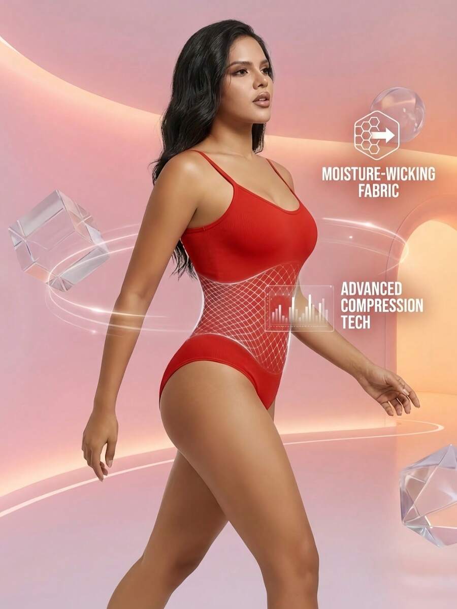 Black seamless V-neck shapewear bodysuit for women featuring backless design and tummy control