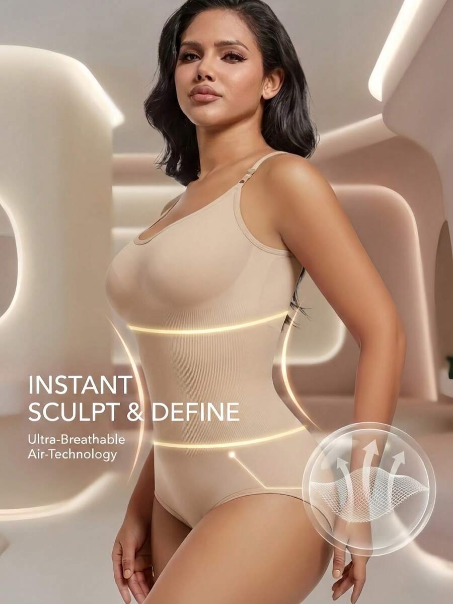 Black seamless V-neck shapewear bodysuit for women featuring backless design and tummy control