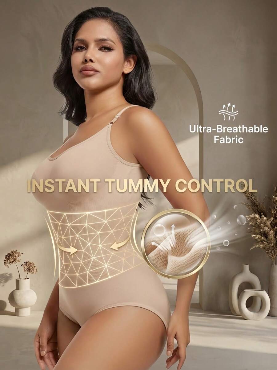 Black seamless V-neck shapewear bodysuit for women featuring backless design and tummy control