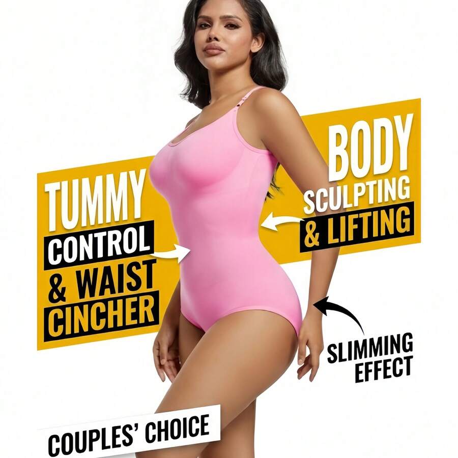 Black seamless V-neck shapewear bodysuit for women featuring backless design and tummy control